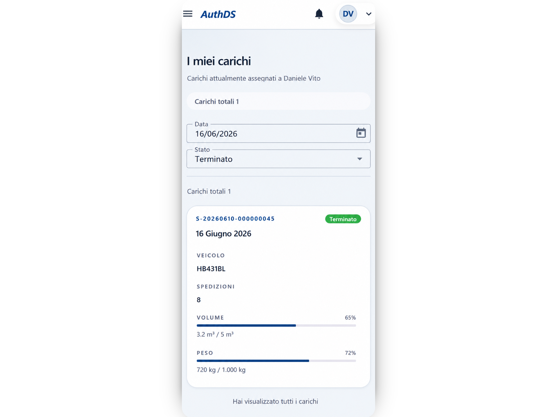 Anteprima della vista mobile per autisti di AUTHDS